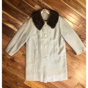 VGT Womens Wool Coat Grey Pioneer Company Fur Collar 3/4 Sleeve Size L/XL Union